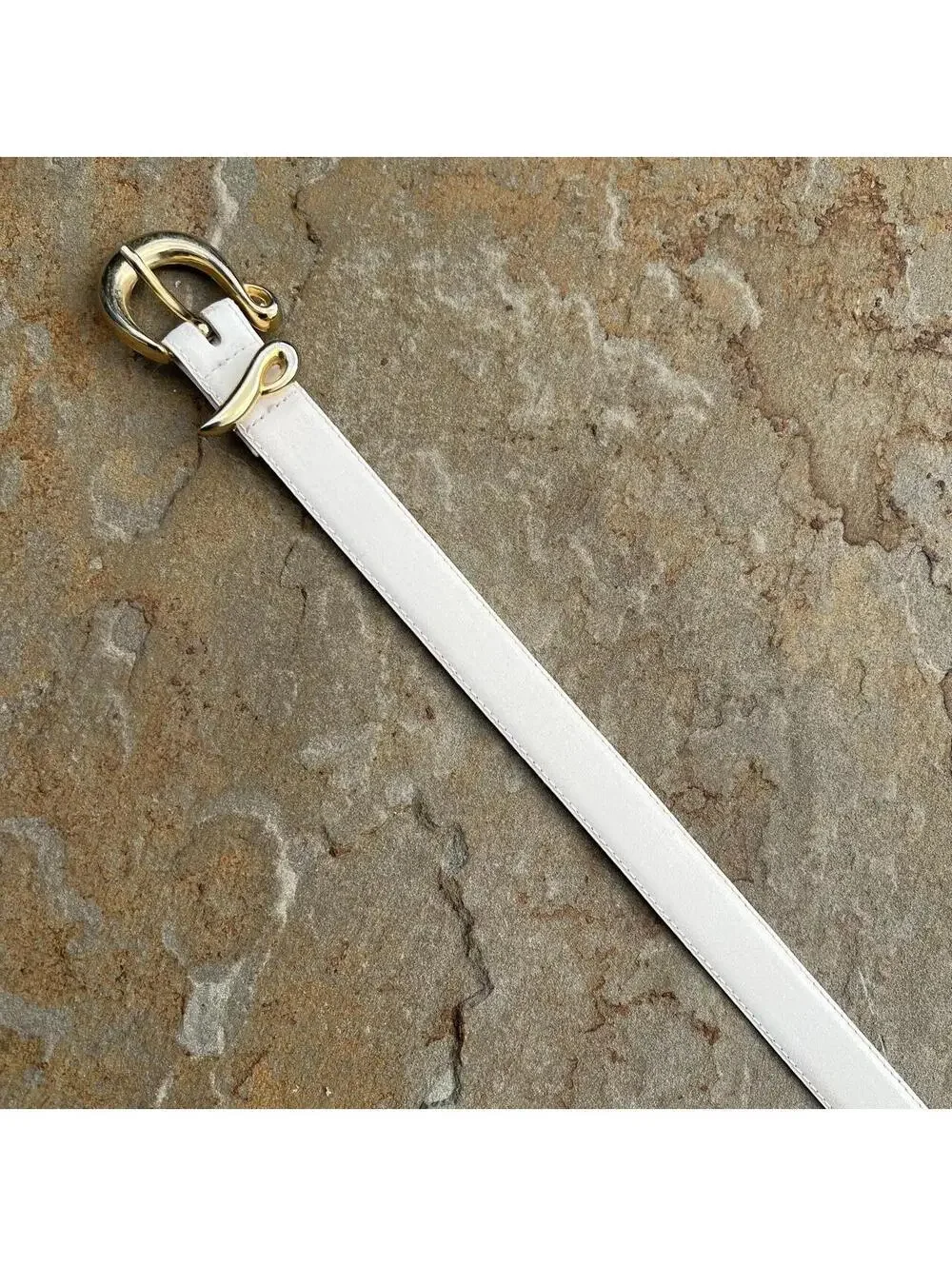 Vintage 90s White Leather Belt w/ Gold Design Buckle